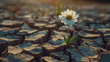 A striking image of a lone flower emerging from cracked earth, symbolizing resilience and hope in harsh conditions. Bright sunlight illuminates its delicate petals.の素材