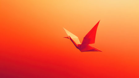 A stunning origami bird in mid-flight against a warm gradient background, symbolizing freedom and creativity in a minimalist artistic design.の素材