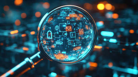 A futuristic magnifying glass examines a digital globe filled with network icons, symbolizing exploration, technology, and data analysis in the digital age.の素材