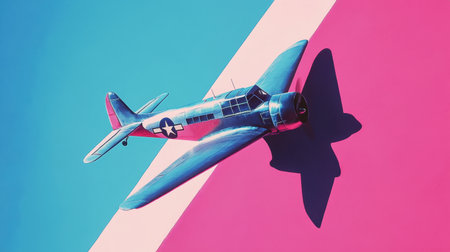 A vintage airplane flies over a striking blue and pink background, showcasing retro aesthetics and aviation charm, ideal for creative projects.の素材