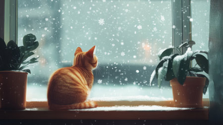 An orange cat sits peacefully by a window, gazing at gentle snowflakes falling outside. The cozy indoor scene evokes tranquility and warmth during winter.の素材