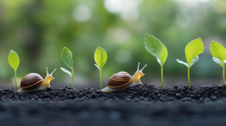 A serene scene of snails crawling among young green plants in rich soil. This image captures the beauty of nature and the cycle of growth and life.の素材
