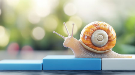 A vibrant and detailed closeup of a colorful snail crawling on a blue block, showcasing the beauty of nature and the intricate textures of its shell.の素材