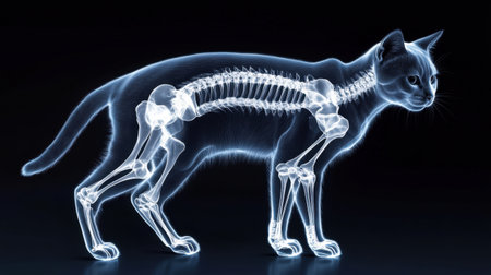 This x-ray image showcases the intricate skeletal structure of a cat, highlighting bones and joints against a dark background. Ideal for educational and veterinary purposes.の素材