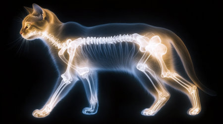 Explore the intricate anatomy of a cat through an x-ray illustration, showcasing the intricate details of its skeletal structure in a visually engaging way.の素材