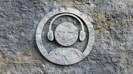 A minimalist headphone icon set against a rough stone background, showcasing a modern design perfect for music or technology themes in creative projects.の素材