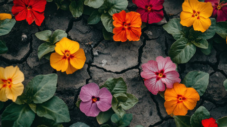 A striking arrangement of vibrant flowers on cracked soil, showcasing natural beauty and contrasting colors, perfect for themes of resilience and growth.の素材