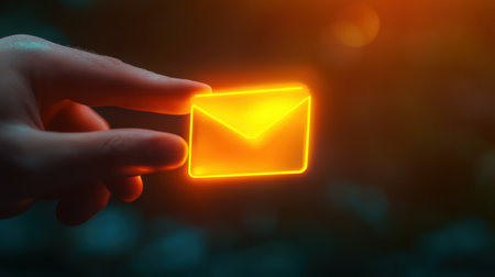 A closeup of a hand holding a glowing mail icon, symbolizing digital communication in a warm, enchanting light. Perfect for technology and innovation themes.の素材