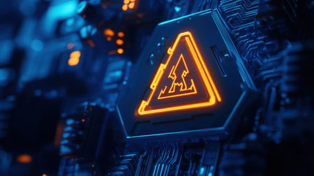 A striking close-up of a futuristic circuit board featuring a vibrant warning symbol, showcasing modern technology and intricate design elements in glowing neon.の素材