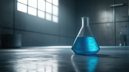 A glass flask filled with vibrant blue liquid rests on a clean table in a modern laboratory. The bright interior enhances the focus on scientific exploration.の素材
