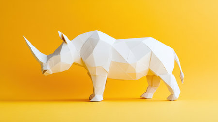 A stunning geometric paper art sculpture of a white rhino against a bright yellow background, showcasing creativity and minimalist design in a modern art concept.の素材