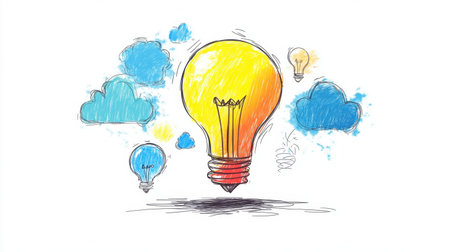 This artistic illustration features colorful light bulbs and clouds, symbolizing creativity and inspiration. Ideal for projects related to ideas and innovation.の素材