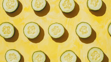 Discover vibrant slices of cucumber arranged on a bright yellow background, perfect for food photography, healthy recipes, or summer themes.の素材