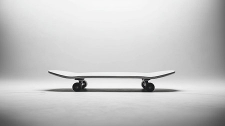 A minimalist skateboard positioned on a plain background, showcasing sleek design and smooth wheels, perfect for sports, lifestyle, and urban scenes.の素材