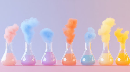 A vibrant composition featuring laboratory beakers filled with colorful liquids and emitting soft clouds of smoke. Ideal for science and creativity themes.の素材