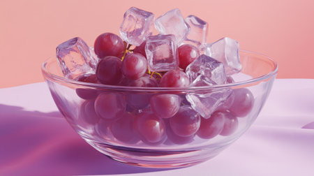 A vibrant display of fresh grapes nestled in a clear bowl, complemented by ice cubes. Perfect for summer or refreshing drink ideas.の素材
