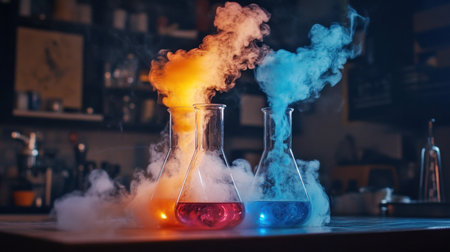 Explore a vibrant laboratory scene with colorful chemical reactions. Two beakers emit colorful smoke, showcasing the artistry and excitement of scientific experiments.の素材