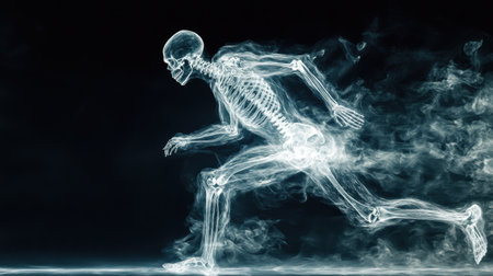This captivating x-ray image illustrates a running skeleton, showcasing dynamic motion and anatomical details, symbolizing health and vitality in sports.の素材