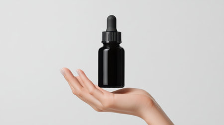 A black dropper bottle elegantly floats above a hand, showcasing simplicity and modern design. Perfect for wellness, skincare, or beauty products in stylish settings.の素材