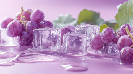 Bright grapes resting on ice cubes create a refreshing scene. The soft purple background adds a dreamy feel, perfect for summer-themed projects.の素材