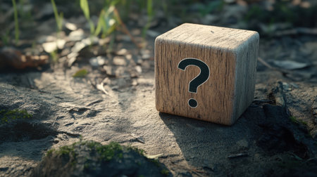 A wooden block with a question mark stands on a sandy surface, surrounded by nature. This image captures curiosity and uncertainty, ideal for concepts related to inquiry or exploration.の素材