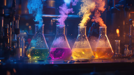 Colorful glass beakers filled with vibrant liquids create a dynamic laboratory scene. Wisps of colored smoke rise from the mixtures, enhancing the experimental atmosphere.の素材