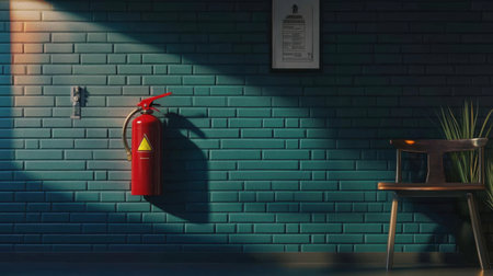 A striking image of a red fire extinguisher mounted on a green brick wall, complemented by a stylish wooden chair and a small plant, illustrating safety in a modern space.の素材