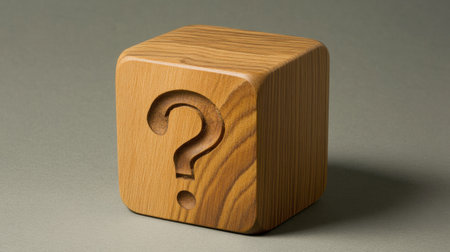 A close-up image of a wooden block with a carved question mark, set against a neutral background. This image symbolizes curiosity and inquiry, sparking thoughts of exploration and unknown answers.の素材