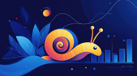 This vibrant illustration features a colorful snail against a dark backdrop, surrounded by abstract shapes and leaves, symbolizing growth and creativity.の素材