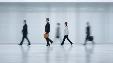 A motion-blurred scene showcasing business professionals walking in a sleek, modern office environment, highlighting teamwork, ambition, and a drive for success in the corporate world.の素材