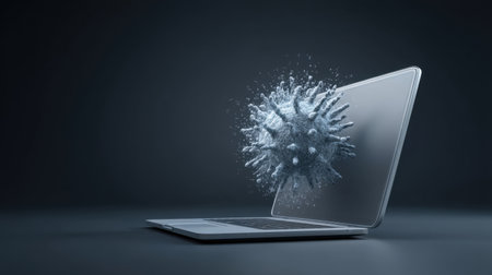 This image showcases a virus breaking out from a laptop screen, representing the urgent need for cybersecurity in today digital landscape. It illustrates modern tech challenges.の素材