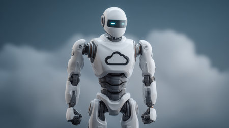 This image captures a striking humanoid robot in a serene cloud setting, reflecting advanced artificial intelligence and modern design. An ideal representation of future technology.の素材