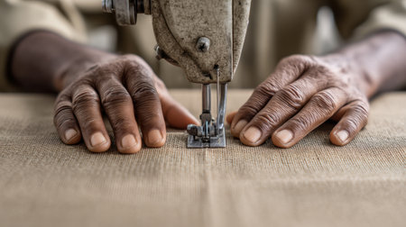 A close-up view showcasing hands skillfully operating a vintage sewing machine on textured fabric, highlighting the art of textile craftsmanship in a warm workshop setting.の素材