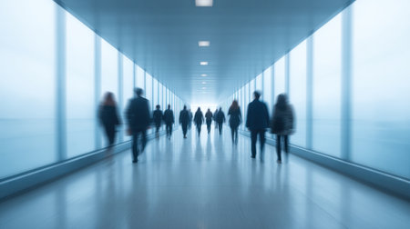 This image features a group of people walking through a modern corridor with soft lighting and a blurred background, creating a serene and ethereal atmosphere.の素材