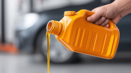 A visible hand pours bright orange liquid from a plastic container in an automotive workshop. The blurred car background emphasizes the context of engine care and maintenance.の素材