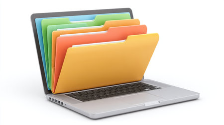 A vibrant display of colorful file folders emerging from a laptop, representing modern data management and efficient organization in professional environments.の素材