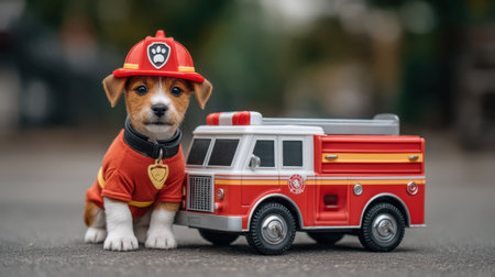 A charming puppy dressed as a firefighter poses next to a toy fire truck, evoking feelings of joy and creativity in a vibrant outdoor setting, perfect for pet lovers.の素材