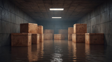An atmospheric view of wooden crates submerged in water within a dimly lit industrial space, evoking a sense of mystery and abandonment in the scene.の素材