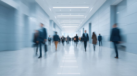 A dynamic image capturing the essence of a busy corporate hallway filled with professionals in motion, embodying a vibrant work environment and modern design.の素材