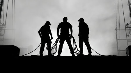Three silhouetted workers stand against a smoky background, holding cables, symbolizing teamwork and dedication in an industrial environment. Perfect for themes of labor.の素材