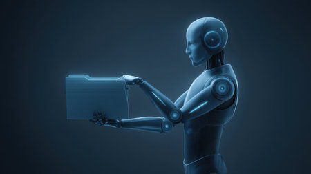 This image features a futuristic robot holding a document folder, set in a dark ambient background, representing the intersection of advanced technology and modern workspaces.の素材