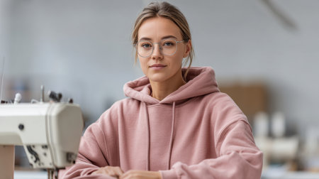 Focused young woman wearing glasses and a pink hoodie works at a sewing machine in a bright, stylish workshop, showcasing her passion for fashion and design.の素材