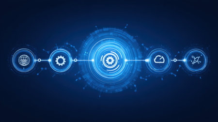 This image showcases a futuristic digital interface with technology icons such as gears, cloud, and globe, emphasizing connectivity and data visualization against a dark background.の素材