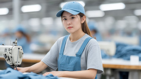 A young female worker skillfully operates a sewing machine in a textile factory, highlighting her dedication and focus in the apparel production process.の素材