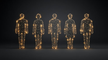 Glowing digital silhouettes of five individuals showcase diversity and human connection against a dark backdrop, embodying themes of technology and unity in design.の素材