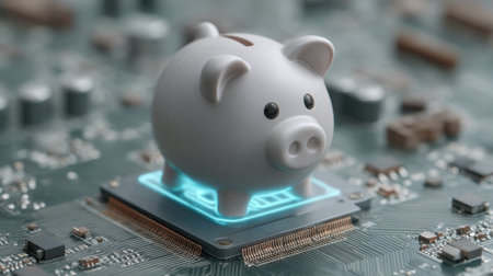 A digital representation of a piggy bank sitting on a microchip symbolizes the fusion of technology and finance, highlighting themes of saving and investment in a modern context.の素材