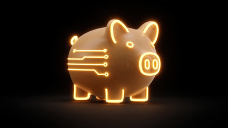 This digital illustration features a piggy bank with glowing circuits, symbolizing the fusion of finance and technology, perfect for themes around modern investment strategies.の素材