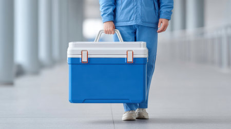 A person in blue clothing holds a large insulated cooler, showcasing readiness for travel or outdoor adventures in a stylish, modern indoor space filled with light.の素材