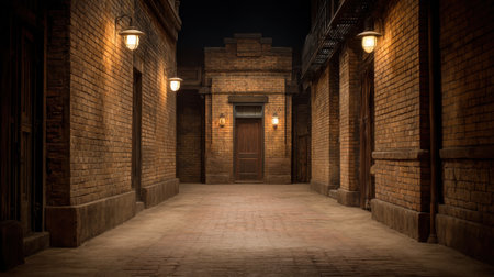 A captivating view of a narrow alley featuring vintage brick walls and soft, warm lighting, perfect for creating an inviting urban atmosphere in photography.の素材