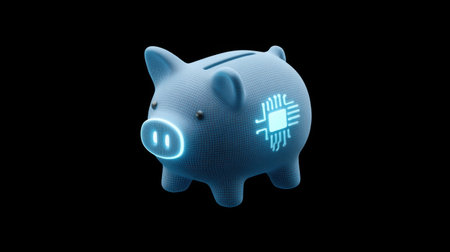 This creative digital piggy bank features glowing circuitry, merging traditional saving with modern technology. A unique blend of finance and innovation.の素材